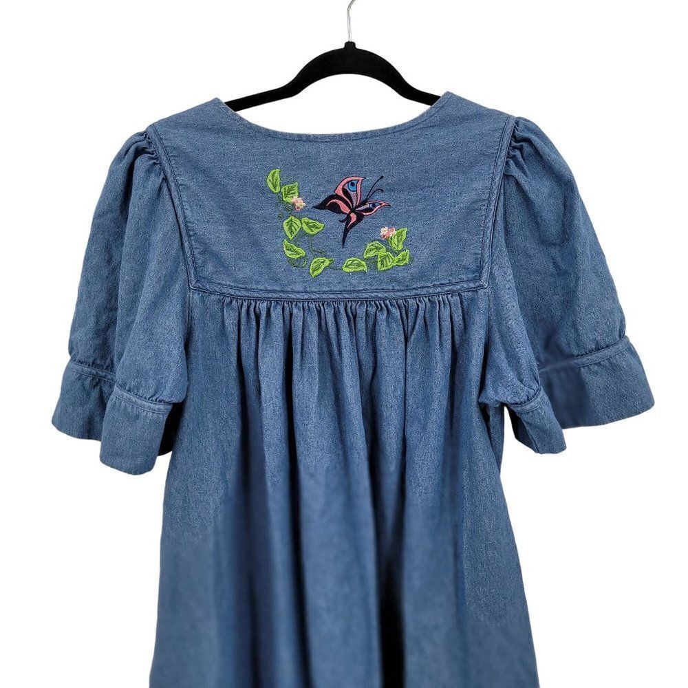 Vintage Denim Midi Dress S Blue Floral Butterfly Embroidered Puff Sleeve Kidcore - Picture 11 of 16